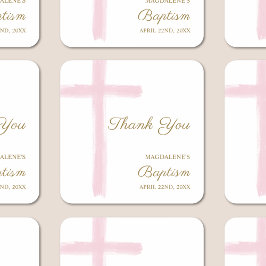 Simple Watercolor Pink Cross Thank You Baptism Fyrkantigt Klistermärke