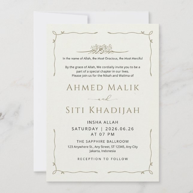 Simple Wavy Border Islamic Wedding Nikah Inbjudningar (Framsida)