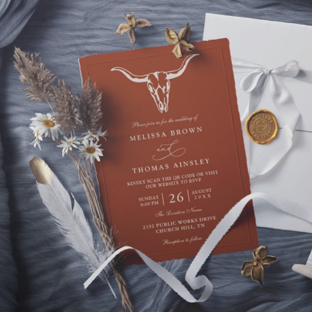 Simple Western Bohemian Cow Skull QR Code Wedding  Inbjudningar (Skapare uppladdad)
