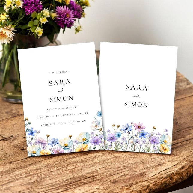 Simple Whimsical Wildblomma bröllop spara datum Inbjudningar (whimsical bohemian wedding save the date card with beautiful wildflowers )