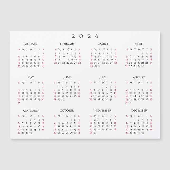 Simple White 2026 Yearly Full Year Calendar Magnet (Framsida)