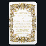 Simple White and Guld Ornament Wedding bjudning Magnet<br><div class="desc">Den här designen har en dekorativ löv i guld struktur,  en klassisk vit,  vacker bakgrund. Underbar för firandet finare bröllop!</div>