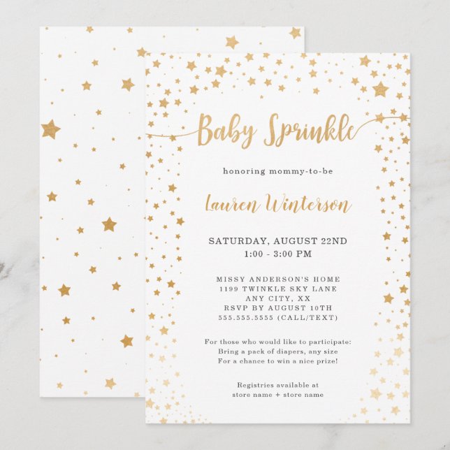 Simple White and Guld Star Baby Sprinkle Inbjudningar (Fram/baksida)