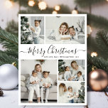 Simple White Black 5 Photo Collage jul Julkort<br><div class="desc">Enkel, Elegant Calligraphy White and Black 5 Photo Collage God jul Script Helgdag Card. Den här sjutna, minimalistiska, viskösa 5 (5) fotokortmallen Julhälsningar ett söt-rutnätsfotokollage och säger "God jul"! Texten "God jul" hälsning är skriven i ett vackert handskrivet teckensnitt som snabbt byts ut mot svan i svart på vit färg-bakgrund....</div>