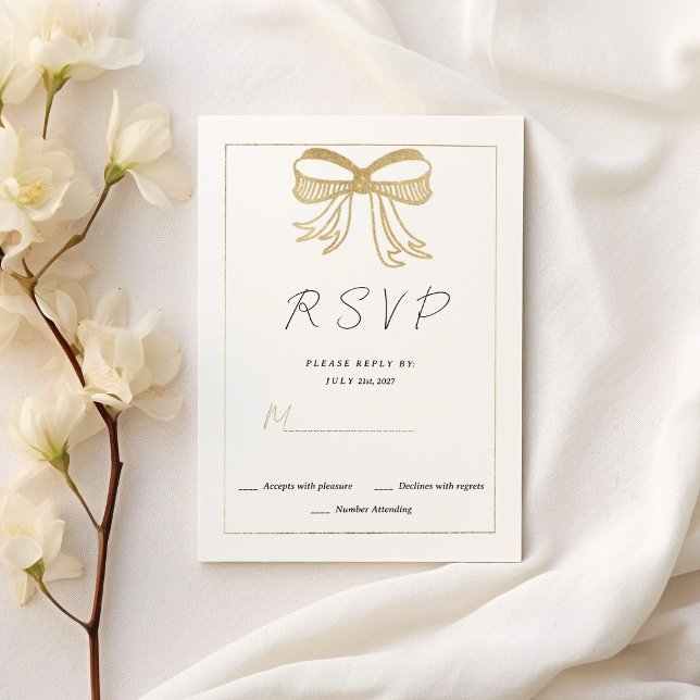 Simple white gold glitter bow ribbon RSVP  Inbjudningar (Simple white gold glitter bow ribbon RSVP)