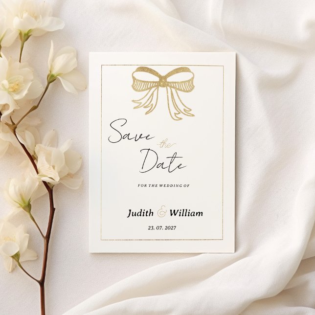 Simple white gold glitter bow ribbon Save the Date Inbjudningar (Simple white gold glitter bow ribbon Save the Date)