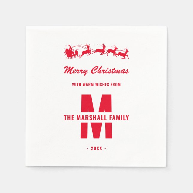 Simple White Red Monogram-familjen Namn jul Pappersservett (Framsidan)