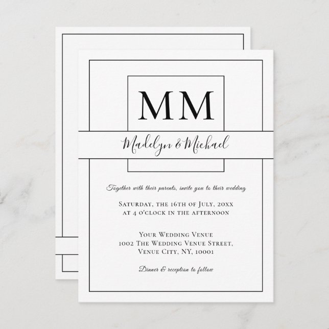Simple White Script Monogram Wedding-inbjudan (Fram/baksida)
