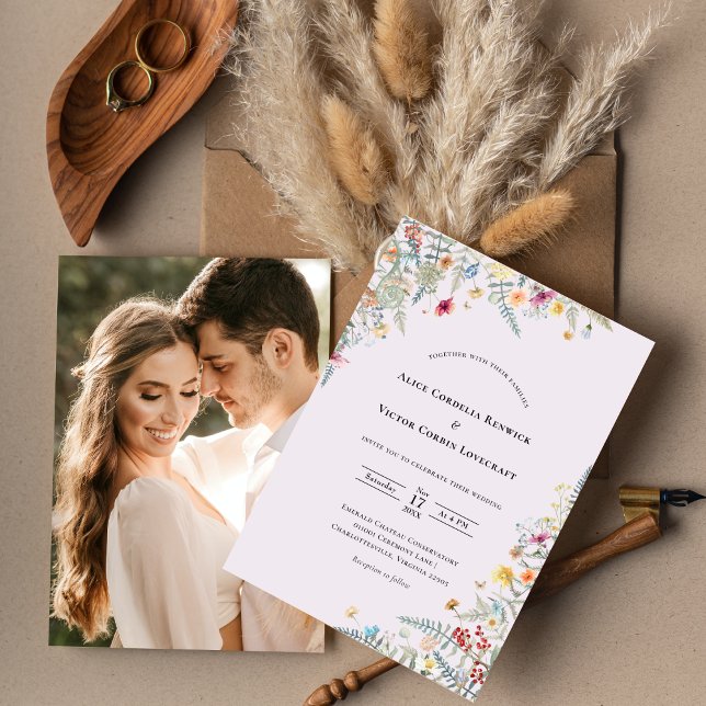 Simple Wildblomma Fern Lavender Bröllop Photo Inbjudningar (Skapare uppladdad)