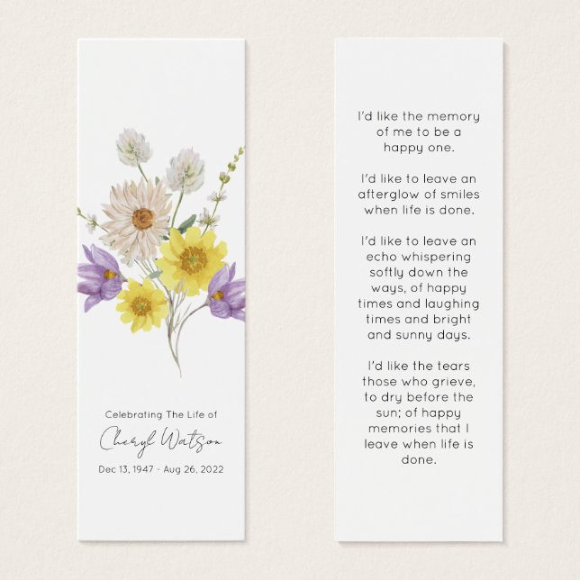 Simple Wildflower Funeral Memorial Bookmark Litet Visitkort (Framsida & baksida)
