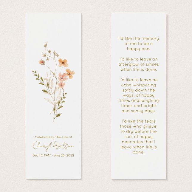 Simple Wildflower Funeral Memorial Bookmark Litet Visitkort (Framsida & baksida)