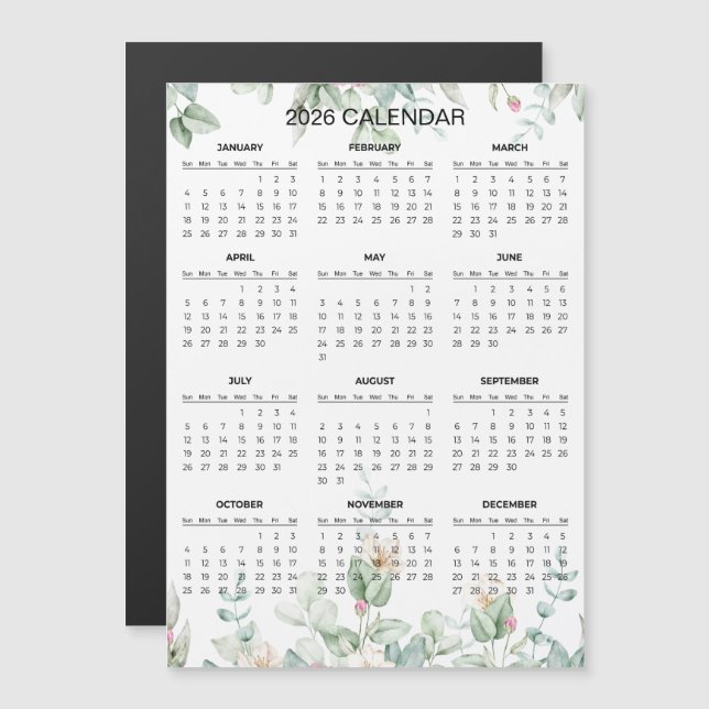 Simple Yet Elegant Floral 2026 Calendar  | Magnet (Fram/baksida)