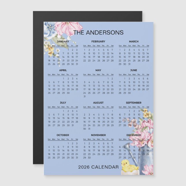 Simple Yet Elegant Floral 2026 Calendar  | Magnet (Fram/baksida)