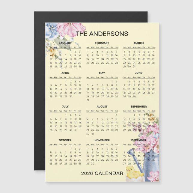 Simple Yet Elegant Floral 2026 Calendar  | Magnet (Fram/baksida)