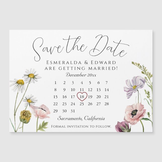 SimpleWild Flower Bröllop-kalender Spara datum (Framsida)