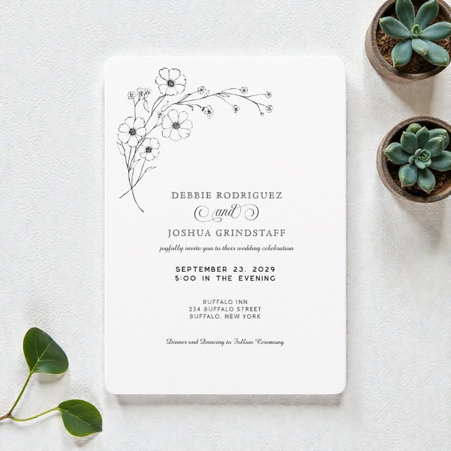 Simplistic Black White Floral Wedding Invitation  Inbjudningar (Skapare uppladdad)