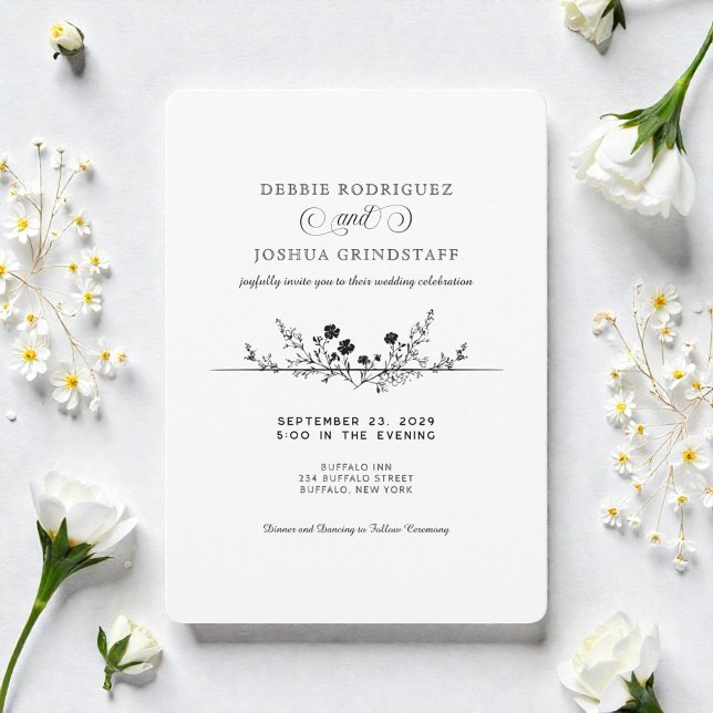 Simplistic Black White Floral Wedding Invitation  Inbjudningar (Skapare uppladdad)