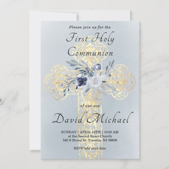 simulated gold foil Holy Cross First Communion Inbjudningar (Framsida)