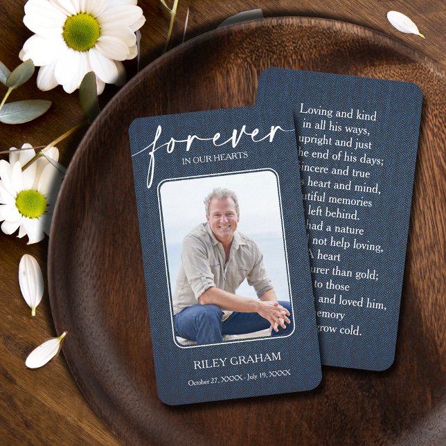 Simulera mönstersympati för minnesbönekort visitkort (Simple funeral photo memorial prayer cards printed on denim pattern,  poem or prayer on the back)
