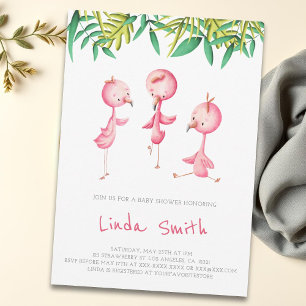 Simulera Tropical Flamingo Triplets Baby Shower Inbjudningar