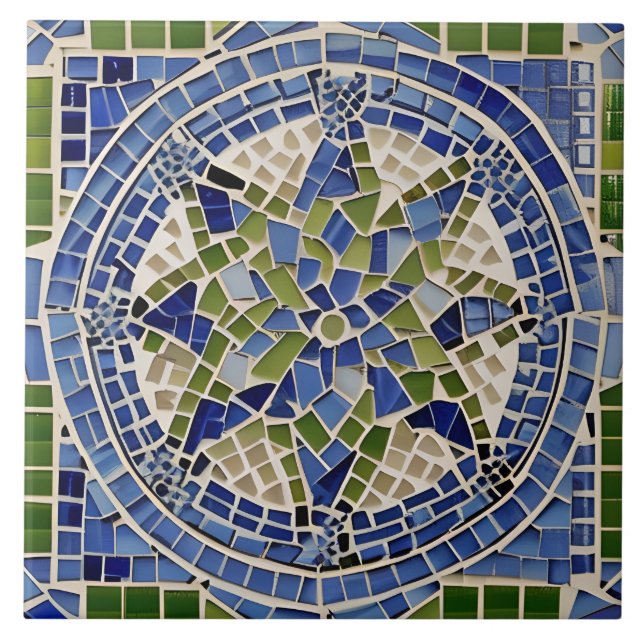 Simulerad mosaikblått och Grönt från spanska Stil Kakelplatta (Framsidan)