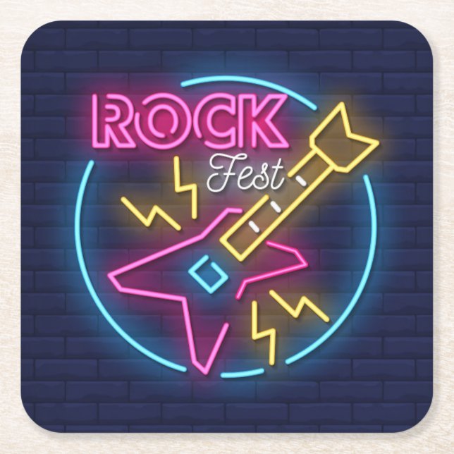 Simulerad Rock Fest Neon skylt mot tegelvägg Underlägg Papper Kvadrat (Framsidan)