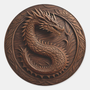 Simulerad Wood Carving Dragon Runt Klistermärke