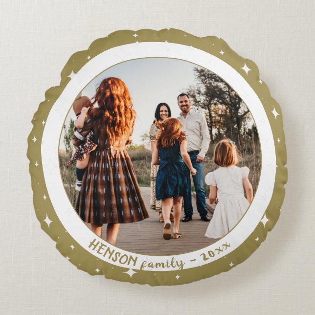 Simulerat Festive Golden-julfamiljens foto Rund Kudde (Framsidan)