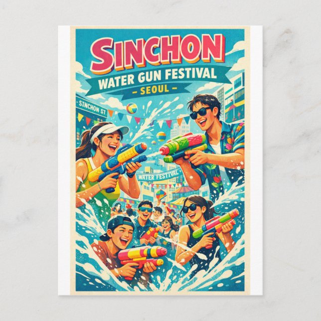 Sinchon Water Gun Festival in Seoul Travel Vykort (Framsida)