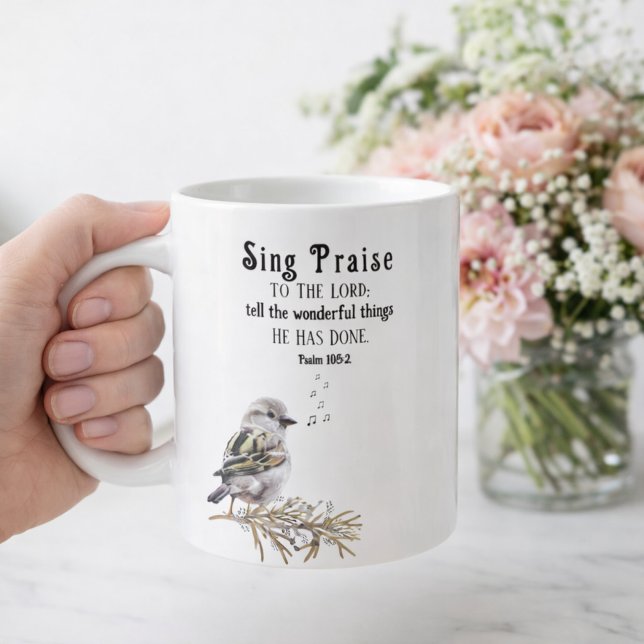 Sing Praise to the Lord Psalm 105:2 Bird Scripture Kaffemugg (Bird Singing Psalm 105:2 with Music Notes Coffee Mug)