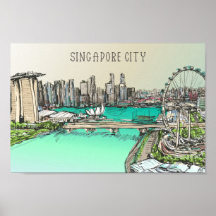 Singapore City Berömd Travel Ställe Illustration Poster