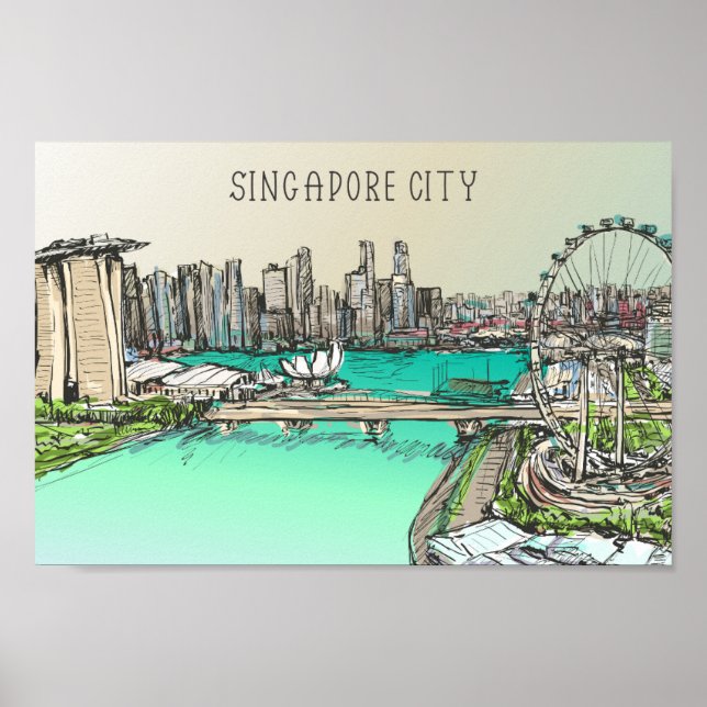 Singapore City Berömd Travel Ställe Illustration Poster (Framsidan)