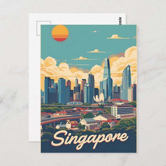 Singapore city retro Skyline Vykort (Fram/baksida)