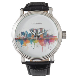 Singapore city retro watercolor Skyline Armbandsur