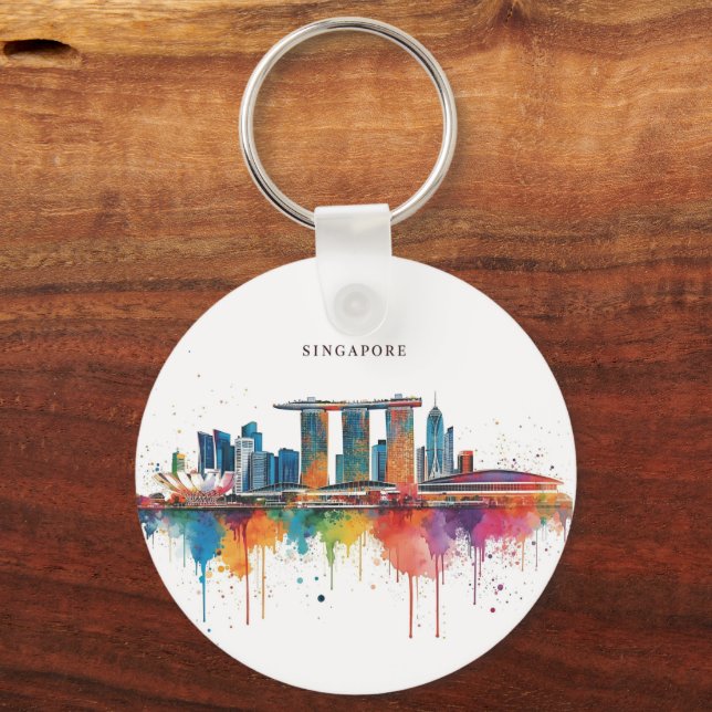Singapore city retro watercolor Skyline Nyckelring (Framsida)