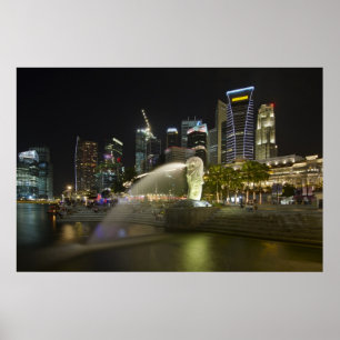 Singapore Cityscape längs floden på nattaffische Poster