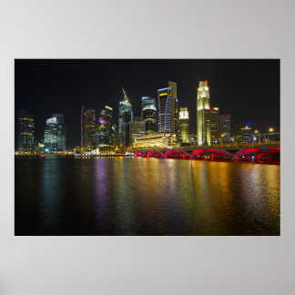 Singapore Cityscape längs floden vid Nattens Poste Poster