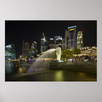 Singapore Cityscape längs floden vid Nattens Poste Poster