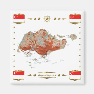 Singapore Karta + Flaggor Magnet