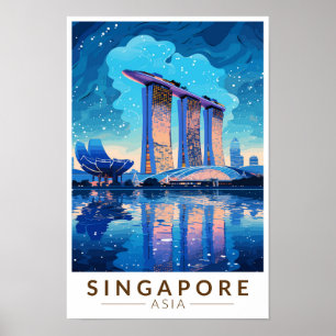 Singapore Marina Bay Natt Resa Konst Vintage Poster