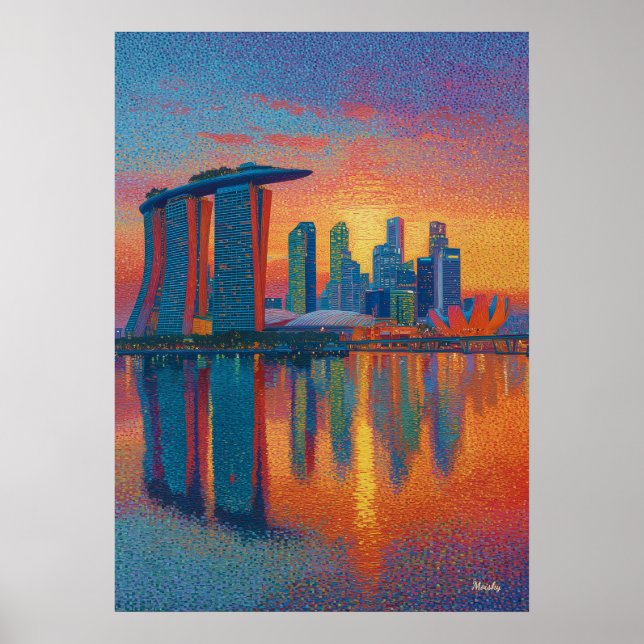 Singapore Marina Bay Sands Pointillism Skyline Poster (Framsidan)