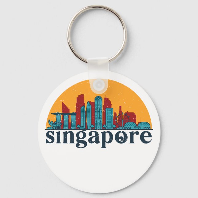 Singapore Retro City Skyline Cityscape Art Nyckelring (Framsida)