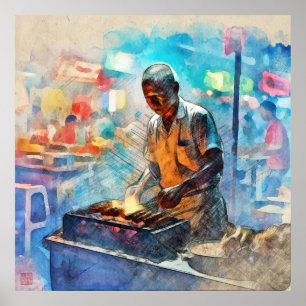 Singapore Satay Seller - utskrift av stor arkiveri Poster