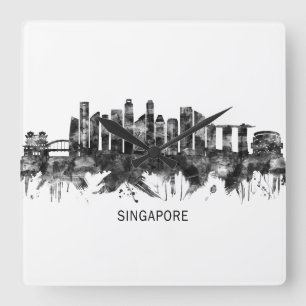 Singapore Skyline BW Fyrkantig Klocka