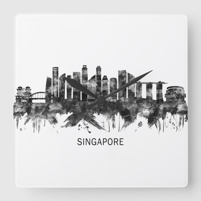Singapore Skyline BW Fyrkantig Klocka (Framsida)