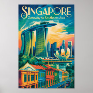 Singapore Skyline Illustration Resa Konst Vintage Poster