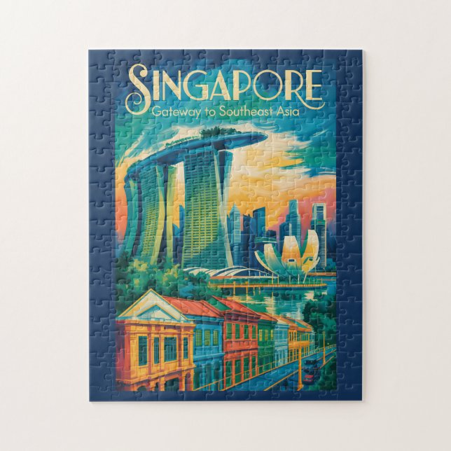 Singapore Skyline Illustration Resa Konst Vintage Pussel (Vertikal)
