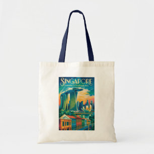 Singapore Skyline Illustration Resa Konst Vintage Tygkasse