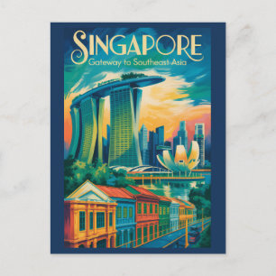 Singapore Skyline Illustration Resa Konst Vintage Vykort