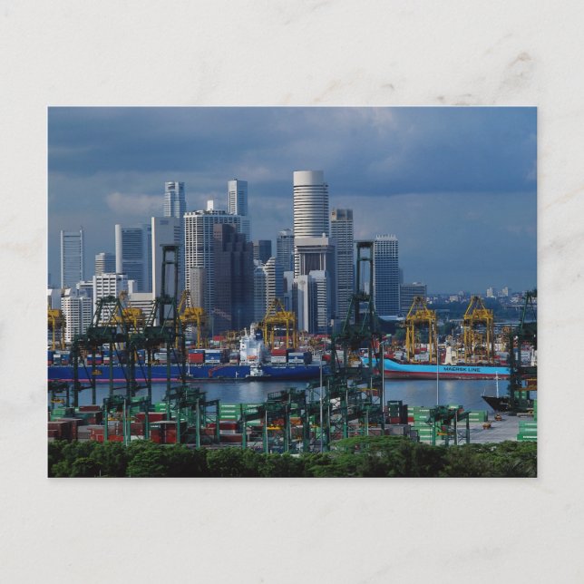 Singapore skyline med Tanjong Container Port, Sin Vykort (Framsida)